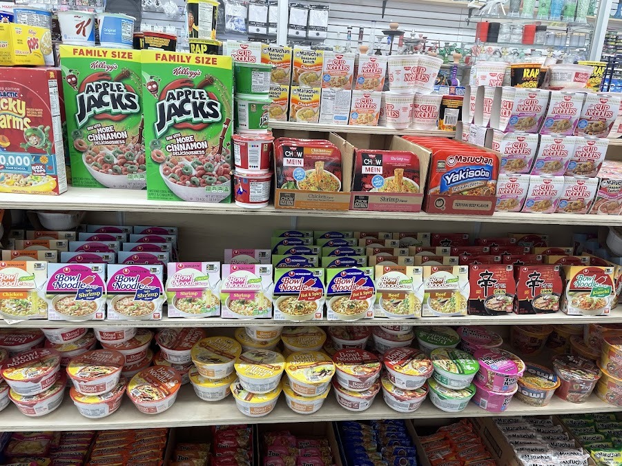 Grocery shelves with noodles